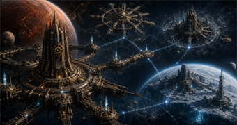 Cinematic Alimbic archive image of Celestial Archives, Oubliette, Vesper Defense Outpost, Alinos, and Arcterra linked by star-map routes