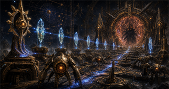 Cinematic Alimbic archive image of Octolith crystals aligning, Guardians activating, star-map routes opening, and a sealed Oubliette core