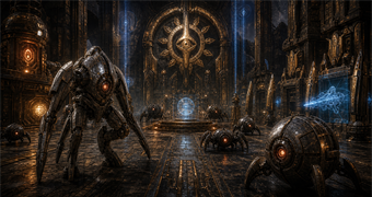 Cinematic Alimbic archive image of Guardian constructs, lock-state machines, weapon vaults, and bronze archive command pylons