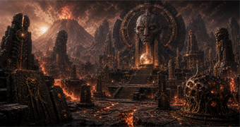 Cinematic Bionite archive image of basalt temple shelves, magma channels, oversized ruin geometry, and a glowing Orb sanctum