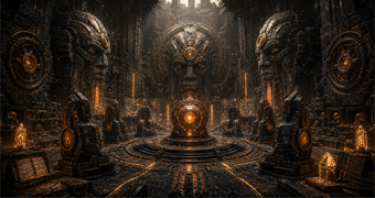 Cinematic Bionite archive image of an empty ritual-engineering authority chamber with giant basalt magistrate faces and an Orb dais