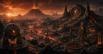 Cinematic Bionite archive image of Bion shield volcanoes, magma-channel settlements, skiff route pylons, and Orb sanctums