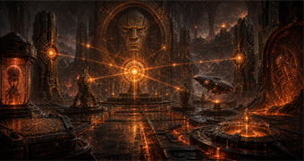 Cinematic Bionite archive image of Orb activation, resonance rings, magma conduits, skiff beacons, ash codices, and ossuary vaults
