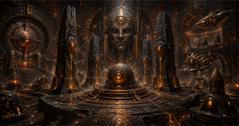 Cinematic Bionite archive image of tuned stone pillars, Orb custody machinery, bronze security doors, and volcanic resonance defenses