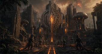 Cinematic Bryyian archive image of a split ceremonial-industrial temple on Bryyo with fuel-gel channels, volcanic ruins, and reptilian silhouettes