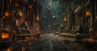 Cinematic Bryyian archive image of an abandoned authority hall divided between Lords of Science machinery and Primal ritual stonework
