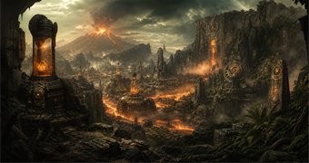 Cinematic Bryyian archive image of Bryyo volcanic wastes, jungle ruins, fuel-gel harvesters, cliffside reliquaries, and generator stations