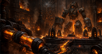 Cinematic Bryyian archive image of fuel-gel industry, golem construction, temple engineering, and hazardous inherited machinery