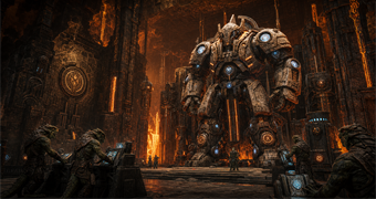 Cinematic Bryyian archive image of a Mogenar-like war golem in a volcanic temple arena with fuel-gel conduits and security machinery