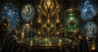 Cinematic Chozo archive image of bird-like elders, shrine records, star maps, Metroid containment, and Tallon spirit memories