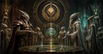 Cinematic Chozo archive image of a Mawkin commander, Thoha elder, shrine sages, and a dormant command intelligence core