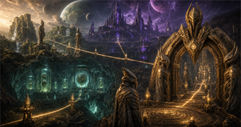 Cinematic Chozo archive image of Tallon ruins, SR388 containment caves, ZDR citadels, and Chozo'dia trial gates linked by shrine routes