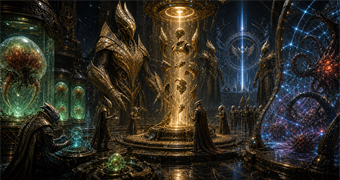 Cinematic Chozo archive image of shrine statues activating armor interfaces, Metroid containment pods, and X-Parasite quarantine fields
