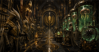 Cinematic Chozo archive image of Mawkin warriors, Thoha custodians, shrine machines, and Metroid containment chambers