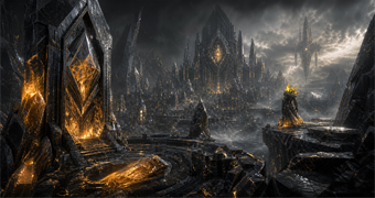 Cinematic Diamont archive image of an extinct Mondreus mineral city, black crystal monoliths, amber silicon glow, and a distant Spire-like survivor