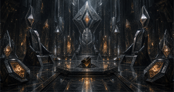 Cinematic Diamont archive image of an empty silicon governance chamber with black diamond seals, amber cores, and mineral memory slabs