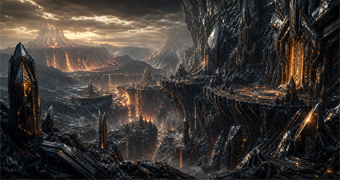 Cinematic Diamont archive image of Mondreus crystal ridges, pressure canyons, amber mineral veins, and faceted city-spires