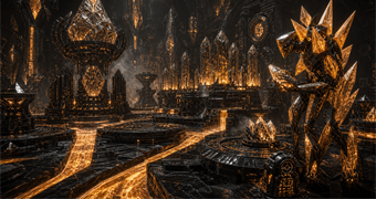 Cinematic Diamont archive image of thermal crystalline engineering, molten mineral channels, memory arrays, and a Spire-like survivor examining a relic