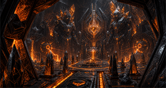 Cinematic Diamont archive image of a thermal crystalline defense chamber with mineral pylons, molten channels, and silicon guardian forms