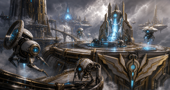 Cinematic Elysian Construct archive image of Skytown maintenance drones awakening civic memory above Elysia's storms