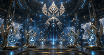 Cinematic Elysian Construct archive image of Aurora-linked processors and civic nodes forming a distributed machine council