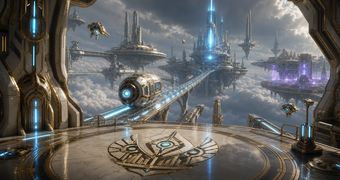 Cinematic Elysian Construct archive image of Skytown platforms, transit pod routes, and quarantine-marked sectors above Elysia's clouds