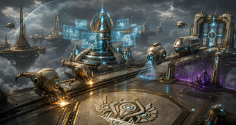 Cinematic Elysian Construct archive image of repair drones, archive cores, transit locks, weather barriers, and corruption scans during Skytown maintenance