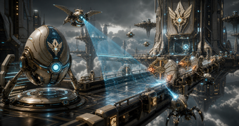 Cinematic Elysian Construct archive image of sentry drones, route locks, and repair systems coordinating a Skytown lockdown