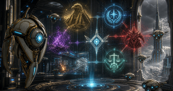 Cinematic Elysian Construct archive image of a civic node projecting Chozo, Federation, Space Pirate, and Phazon relation signals