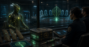 Cinematic Enoema archive image of Kanden-family survivor testimony with empty authority placeholders and untranslated cultural evidence