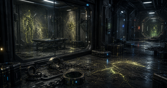 Cinematic Enoema archive image of an abandoned containment corridor with Kanden-family bioelectric residue, restraint anchors, and fugitive-route evidence