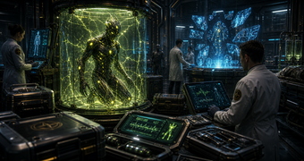 Cinematic Enoema archive image of Kanden-family medical stabilization, bioelectric analysis, testimony preservation, and protected evidence custody