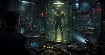 Cinematic Enoema archive image of a Kanden-family bioelectric survivor inside an exploitative black-site containment chamber