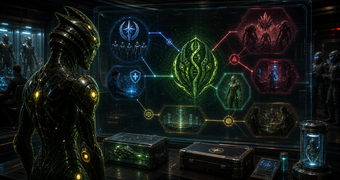 Cinematic Enoema archive image of a medical-legal relation display linking Enoema identity, Kanden-family testimony, Federation custody, and hostile acquisition risks