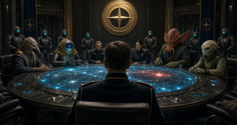 Cinematic Federation archive image of founding member species gathered beneath the Galactic Federation seal