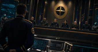 Cinematic Federation archive image of a multi-species council hearing beneath the Galactic Federation seal