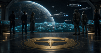 Cinematic Federation archive image of officers viewing a capital world, fleet lanes, and orbital installations from an astrogation bay