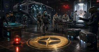 Cinematic Federation archive image of marines, medics, researchers, and logistics staff coordinating an emergency response operation