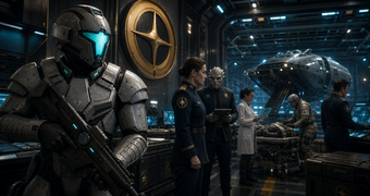 Cinematic Federation archive image of an armored marine, fleet personnel, medics, and command staff in a carrier hangar