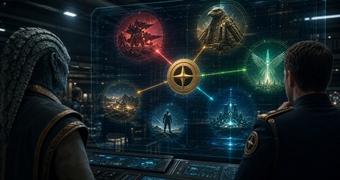 Cinematic Federation archive image of diplomats studying a relation display linking the Federation to allies, hostile powers, and independent specialists