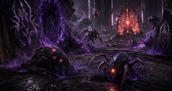 Cinematic Ing archive image of black-violet entities emerging through dimensional rifts around a Dark Aether energy site