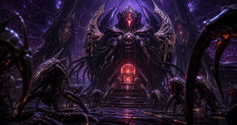 Cinematic Ing archive image of an emperor-class command organism looming over red energy and lesser Ing forms