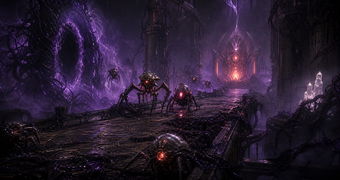 Cinematic Ing archive image of Dark Aether temple grounds, dimensional gate distortion, and Ing movement through hostile atmosphere