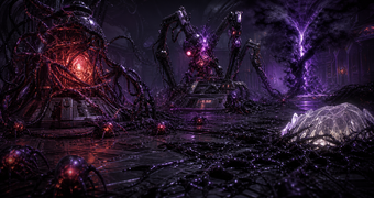 Cinematic Ing archive image of dark tendrils draining an energy relay while possessed machinery guards a dimensional breach