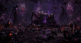 Cinematic Ing archive image of multiple Ing castes and a possessed machine forming a dark-world assault cluster