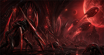 Cinematic Kriken archive image of blade-limbed warriors and shell-like colony vessels beneath a harsh red star