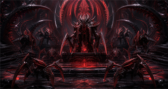 Cinematic Kriken archive image of a dominant warrior-court leader framed by chitin arches and subordinate Kriken forms