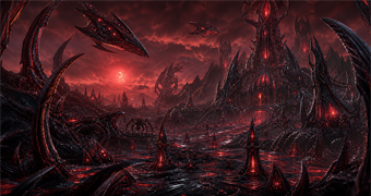 Cinematic Kriken archive image of a red-black frontier citadel, shell ships, conquest pylons, and Kriken patrol silhouettes