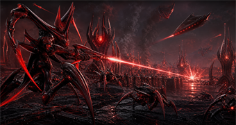 Cinematic Kriken archive image of a blade-limbed champion directing a red precision beam during a territorial claim raid