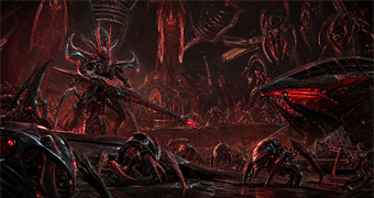 Cinematic Kriken archive image of armored champions, Triskelion scouts, and red-black biotech weapons inside a command nest